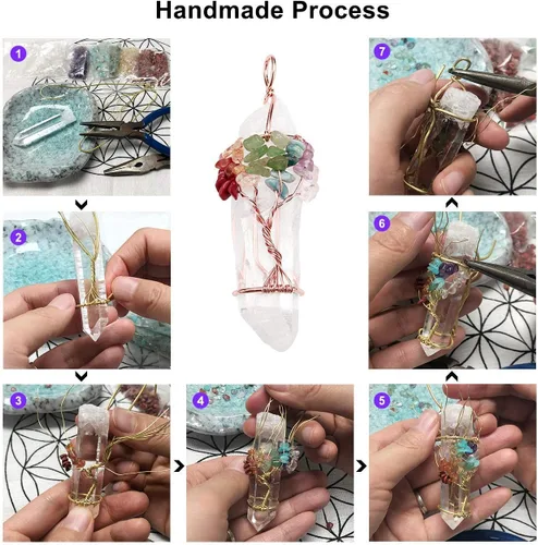 Vista 4 de Jovivi Paquete 2 artículos Collar de cuarzo transparente natural envuelto en alambre de árbol de la vida con piedras preciosas de chakras