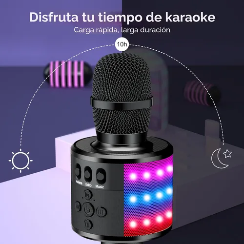 Vista 3 de Micrófono de karaoke BONAOK para niños y adultos - micrófonos Bluetooth con luces de disco, efecto eco, altavoz incorporado, reproductor de karaoke