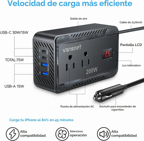Vista 3 de Inversor de corriente de 200W para automóvil, DC 12V a 110V AC, convertidor con [PD 30W y 15W] USB C de carga rápida/3.0A, puertos de carga USB Negro