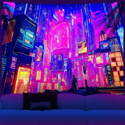 Vista 16 de NYZE Tapiz de luz negra de ciudad, tapiz de anime japonés, juego punk, fantasía, vista nocturna, paisaje urbano, arte futurista, neón, tapices