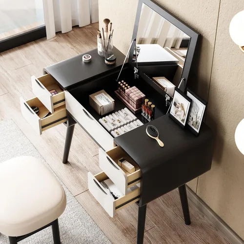 Vista 3 de Lartis Mesa de tocador con tapa abatible, elegante tocador de maquillaje con taburete, escritorio de maquillaje, espejo de maquillaje reversible