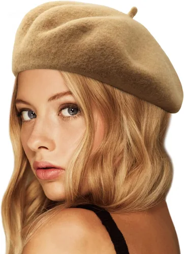 Vista 32 de Wheebo Boina de lana, color sólido, estilo francés, gorro cálido de invierno para mujeres y niñas Albaricoque