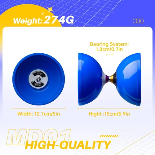 Vista 5 de MAGICYOYO Pro Triple Bearing Diabolo Tamaño mediano 5" Azul. Juguete Yoyo chino Diabolo de alto rendimiento con 2 pares de palos de carbono + 2