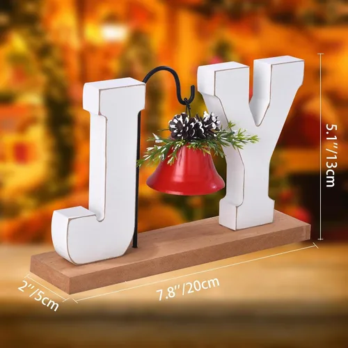 Vista 2 de Decoración navideña de madera "Joy", letrero artesanal de madera con campana, adorno de mesa rústico, centro de mesa estilo granja, bloque