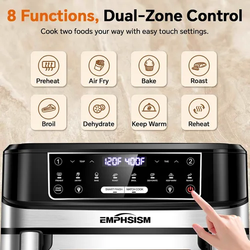 Vista 11 de Emphsism - Freidora de aire grande de doble zona de 12 cuartos de galón con divisor extraíble, 1 Mega Zone de 12 cuartos de galón o 2 zonas