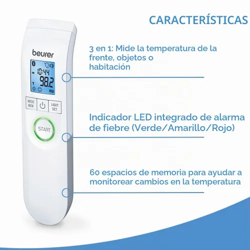 Vista 5 de Beurer Termómetro Bluetooth sin contacto, frente, objeto, temperatura ambiente, alta precisión, pantalla iluminada azul XL, 60 espacios de memoria