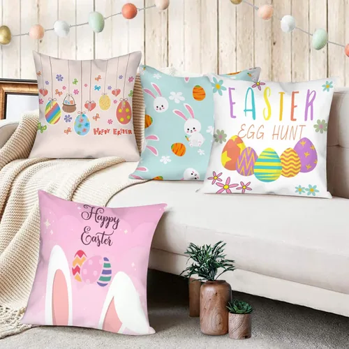 Vista 3 de Jbralid Juego de 4 fundas de almohada de Pascua con dibujos animados, huevos de conejo de Pascua, fundas decorativas de algodón para sala de estar