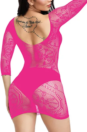 Vista 2 de Lencería de red para mujer, ropa de dormir con patrón Loong de malla, mini vestido de talla libre, body de una pieza