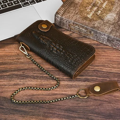 Vista 4 de Genuino caballo loco cuero viaje regalo moneda bolsillo tarjeta caso largo organizador cadena Rfid monedero con broche para hombres hombres 1088