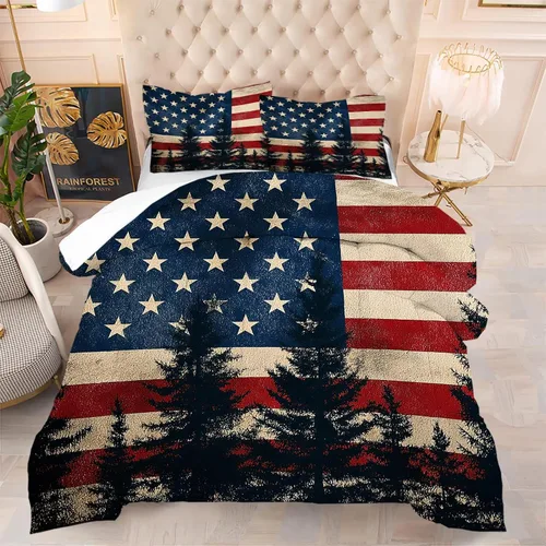 Vista 48 de kxry Juego de edredón de 250 años de Estados Unidos, tamaño individual, ropa de cama vintage de estatua de la libertad y bandera estadounidense