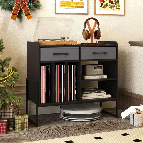 Vista 3 de Giantex Soporte grande para tocadiscos con estación de carga, moderno soporte giratorio con 2 cajones de tela y estante ajustable, mesa