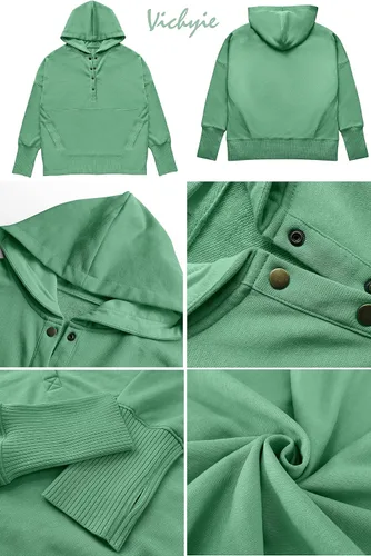Vista 5 de VICHYIE Sudaderas casuales con capucha para mujer manga larga con bolsillos estilo Henley con botones de gran tamaño con capucha