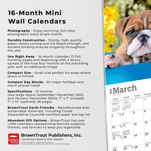 Vista 5 de Bulldog Puppies 2024 7 x 14 Inch Monthly Mini Wall Calendar BrownTrout Animals Dog Breeds Puppy