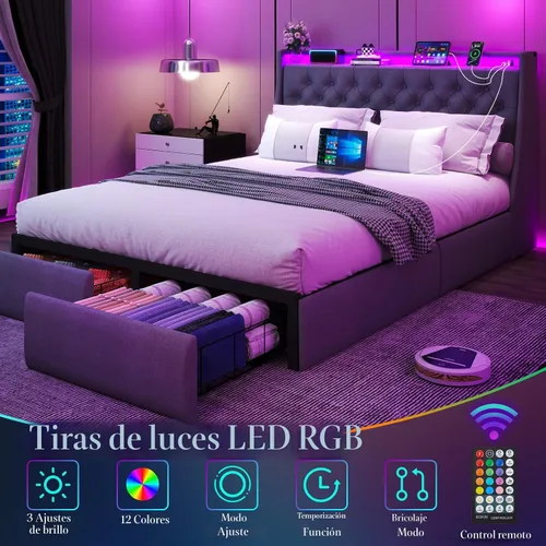 Vista 4 de Base de cama matrimonial tapizada con respaldo alero con 2 cajones de almacenamiento y luces LED