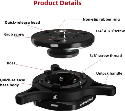 Vista 2 de IFOOTAGE Seastar Q1S, placa de liberación rápida, kit de configuración rápida con tornillo de 1/4 de pulgada 3/8 pulgadas, compatible con SLR
