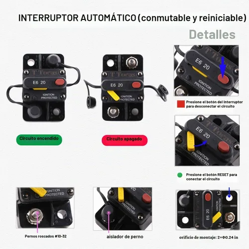 Vista 3 de E69 Interruptor de circuito de 10 A T3 con restablecimiento manual Mini de montaje en superficie IP66 Interruptor conmutable de 10 A
