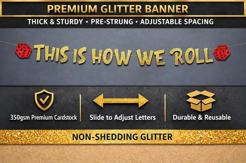 Vista 3 de Cartel con purpurina con temática de casino con texto en inglés «This Is How We Roll», decoraciones de despedida de soltera para ella, suministros