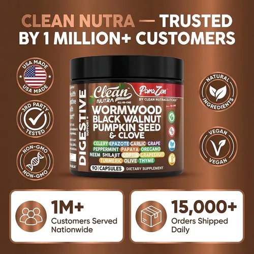 Vista 8 de Clean Nutra Ajenjo Nuez Negra Semilla de Calabaza Aceite de Clavo Apio Ajo Uva Papaya Neem Tierra de Diatomeas Probiótico para Mujeres Salud