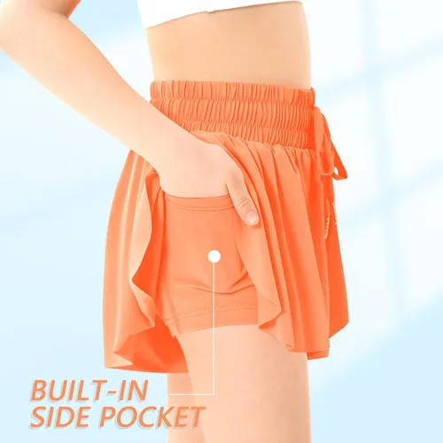 Vista 4 de Pantalones cortos deportivos de mariposa para niñas, pantalones cortos fluidos con bolsillo 2 en 1, pantalones cortos para correr, entrenamiento