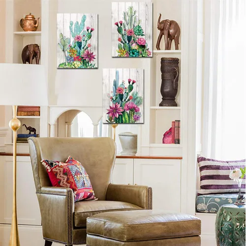 Vista 6 de 3 piezas enmarcadas de arte para pared, acuarela, plantas tropicales, cactus del desierto, impresión en lienzo para dormitorio, baño, flores