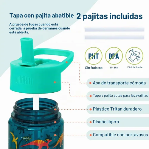 Vista 4 de Wildkin - Botella de agua para niños de 16 onzas con tapa de popote a Dinosaurios jurásicos