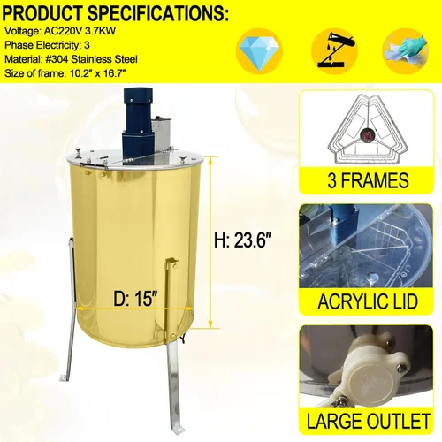 Vista 2 de TECHTONGDA Extractor eléctrico de miel, extractor de abeja de 3 marcos, tambor giratorio de panal de abeja de acero inoxidable, equipo de centrífuga