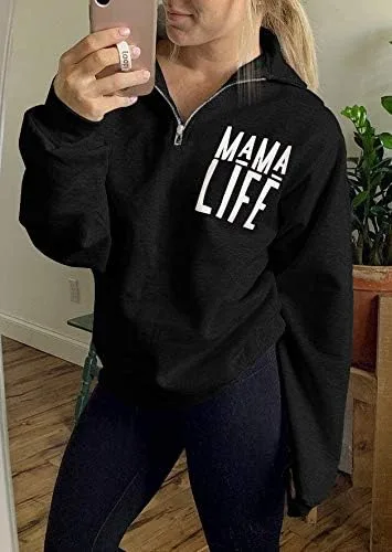 Vista 2 de Sudadera para mujer, sin botones, de cuello alto, con cremallera de 14, con estampado de texto en inglés Mama Life
