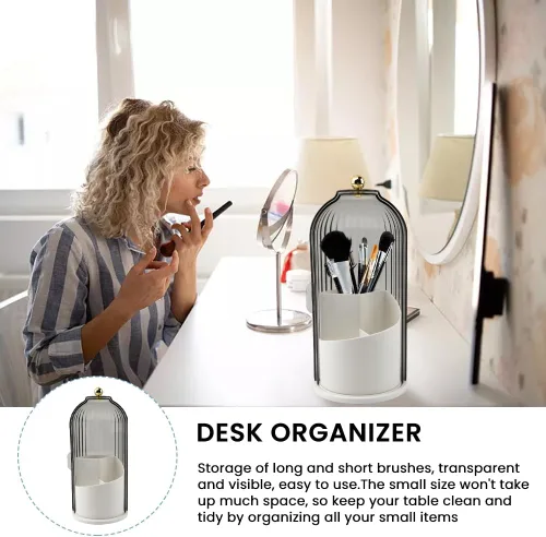 Vista 2 de Soporte para brochas de maquillaje con tapa, organizador de herramientas cosméticas de apertura deslizante giratoria de 360°, organizador de brochas