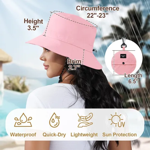 Vista 5 de Packable Bucket Hat for Women Waterproof UV Protection Sun Hat Rosa