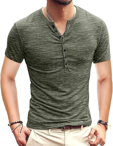 Vista 13 de KUYIGO Camisas Henley para hombre, estilo casual, ajustadas, básicas, de A01 Negro Puro