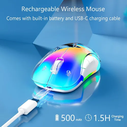 Vista 4 de memzuoix Mouse inalámbrico de 2.4G con cubierta personalizable y LED de 9 colores, ergonómico recargable, 1400 DPI, 5 botones, receptor USB para Azul