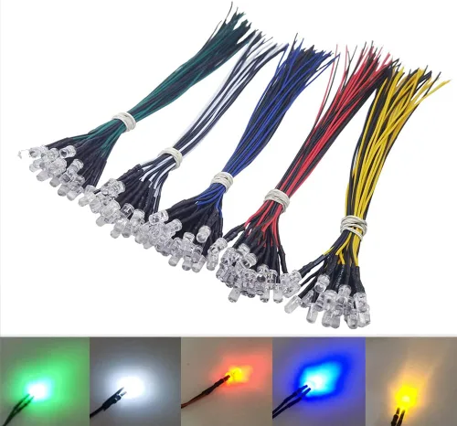 Vista 3 de 100 unidades (5 colores x 20 piezas) 12V 0.197 in LED de cobre de diodo luces 7.9 pulgadas 26awg precableado surtido