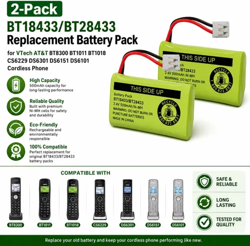 Vista 2 de BT18433/BT28433 - Batería de repuesto para VTech AT&T BT8300 BT1011 BT1018 CS6229 DS6301 DS6151 DS6101 DS6101