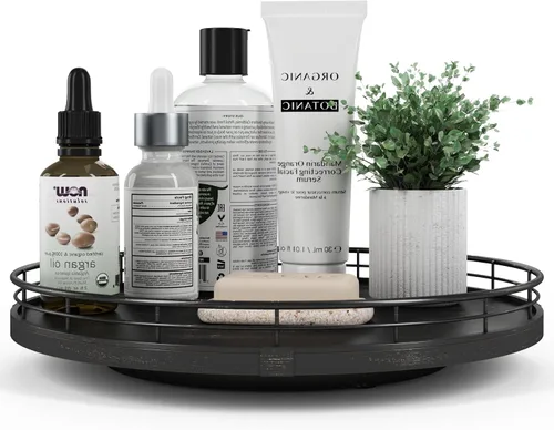 Vista 66 de Marble Lazy Susan - Tocadiscos para mesa, bandeja redonda de mármol de grano de madera antigua de 10 pulgadas para mesa de comedor, encimera de Negro