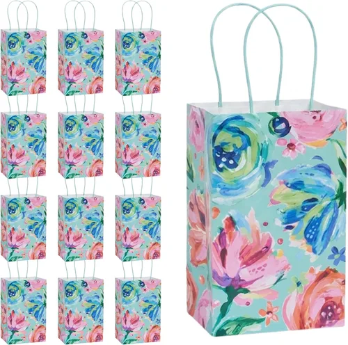 Vista 6 de HOME & HOOPLA Bolsas de regalo de papel con estampado de hojas bohemias y bolsas para recuerdos de fiesta, pequeñas de 5.25 x 3.5 x 8.25 pulgadas