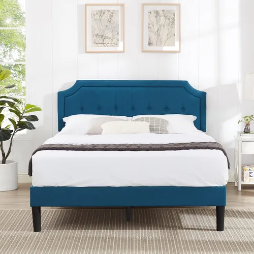 Vista 3 de VECELO Cama de plataforma tapizada de alta calidad, marco de metal y soporte de 12 listones de madera fuertes, base de colchón/cabecera de panel