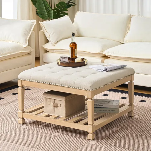 Vista 9 de Otomana con banco de almacenamiento, mesa de centro otomana de lino, gris oscuro Solid frame for added stability, 3.2-inch storage ottoman cushion