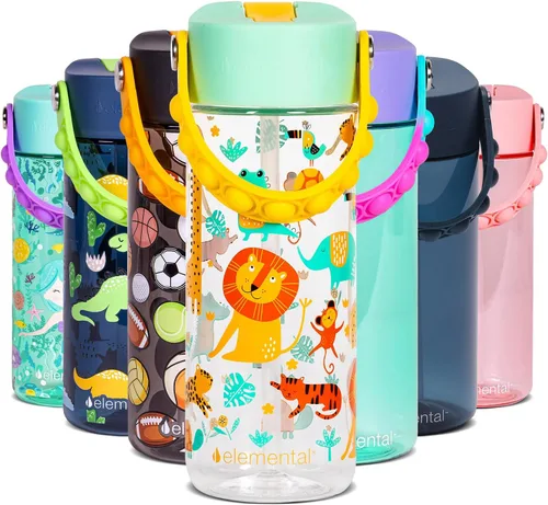 Vista 41 de Elemental Botellas de agua para niños – Botella de agua para niños Splash para la escuela con mango Pop-it – Botella de agua de plástico Tritan sin