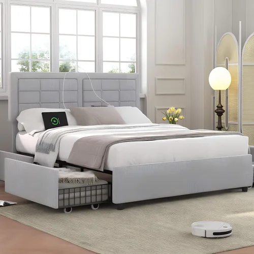 Vista 20 de VECELO Base de cama tamaño matrimonial, cabecera tapizada ajustable con botones, marco de cama resistente con soporte de listones de madera,