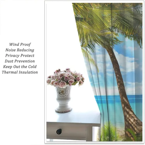 Vista 5 de Cortinas de playa con estampado de plantas tropicales y árboles de coco, paisaje natural, con bolsillo para barra, 2 paneles, decoración