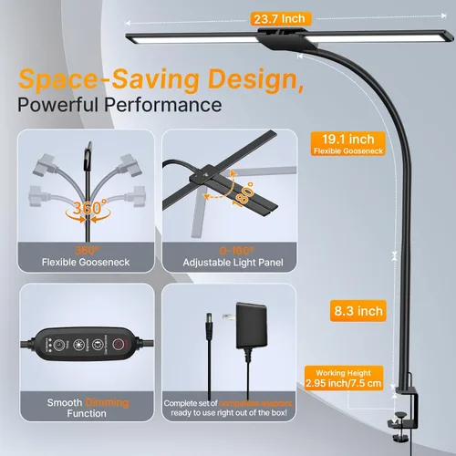 Vista 3 de Syrinx - Lámpara de escritorio LED para oficina en casa, lámpara de escritorio de arquitecto con abrazadera, control por gestos/cable, luz
