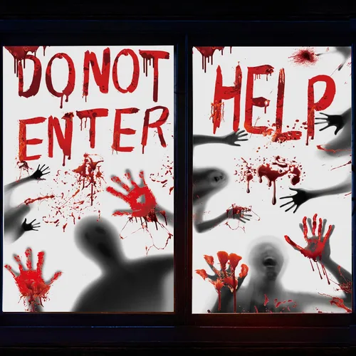 Vista 4 de Cubierta de ventana de Halloween sangrienta, decoración de póster de puerta de Halloween, huellas de manos sangrientas, silueta aterradora