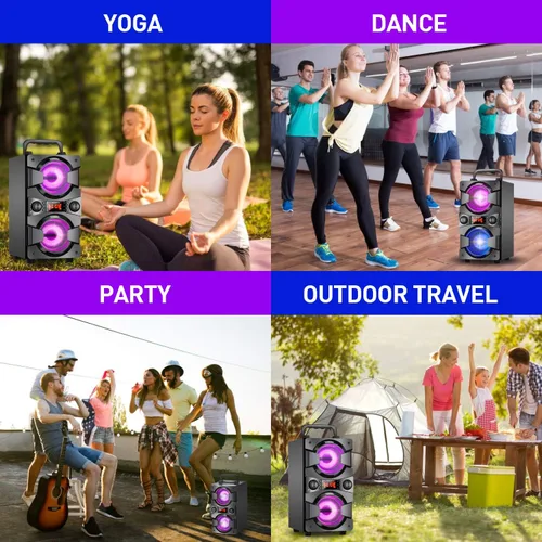 Vista 7 de Altavoces Bluetooth de 60 W, altavoz inalámbrico portátil con subwoofer doble, graves pesados, radio FM, micrófono, luces, ecualizador remoto, caja