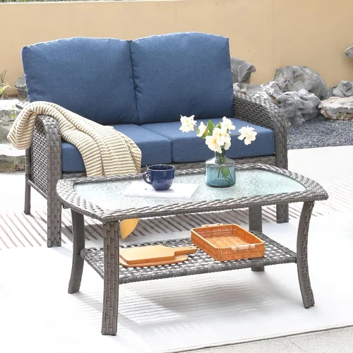 Vista 30 de ovios - Juego de muebles de patio de 2 piezas, sofá de mimbre para exteriores con sillas, silla de ratán con respaldo alto con cómodos cojines