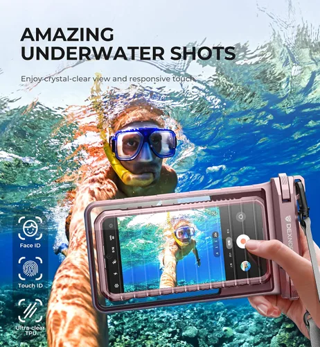 Vista 4 de Dexnor Bolsa impermeable IP68 para teléfono, funda universal 3D para teléfono celular con cordón ajustable de doble gancho para iPhone 15 14 13 12