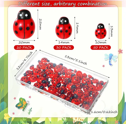 Vista 2 de Hicarer 100 piezas de decoración de mariquita para manualidades, mini resina de mariquita plana, colgantes de epoxi, pequeños adornos con caja