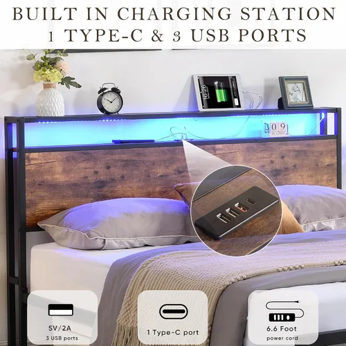 Vista 5 de Base de cama industrial tamaño matrimonial con cabecero, marcos de cama marrón rústico con luces LED y estación de carga, marco de cama