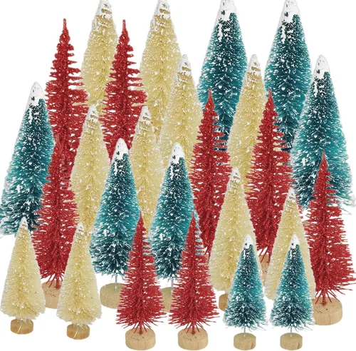 Vista 9 de 24 piezas de árboles de cepillo para botellas, decoración de Navidad, mini árbol de Navidad blanco con base de madera, árbol de pino de sisal