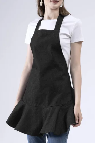 Vista 3 de Delantal de chef retro de mezclilla para mujer, Negro