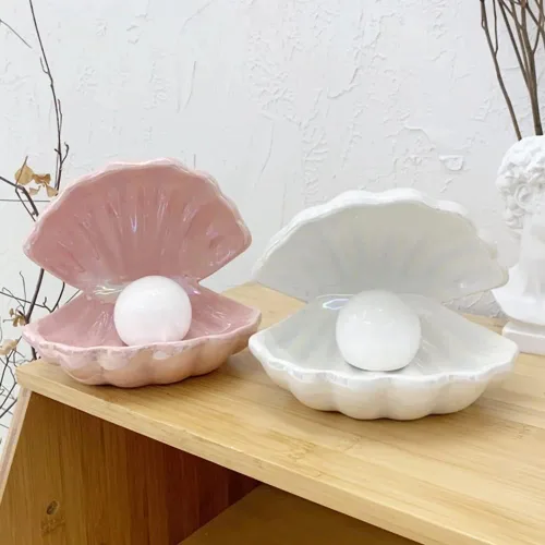 Vista 2 de Koolouispoper Ins estilo japonés de cerámica concha perla noche luz serpentina sirena hada Shell lámpara de noche para cabecera decoración del hogar
